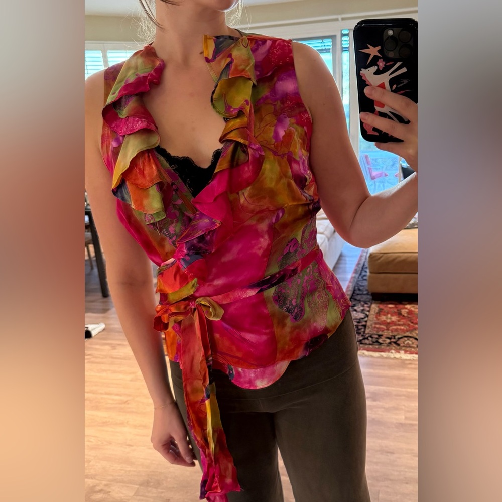 Boston Proper Pink Multi Ruffled Wrap silk tank top